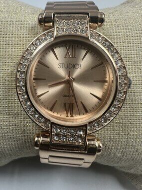 3/$30 Studio Time Watch Women Rose Gold Tone Rhinestone Bezel Cuff Band 6.25"